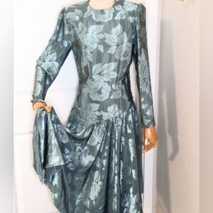 Vintage 80s Satin Jacquard Dress Mint Teal Handkerchief Hem Elegant Sz S